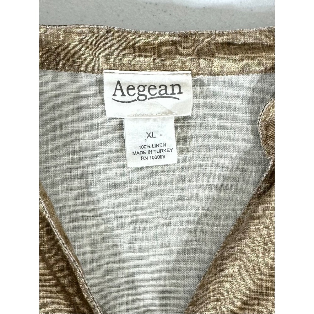 Aegean Button Front Blouse Top Size XL Linen Gold Metallic Ruffle Cuff Peplum - Picture 3 of 9